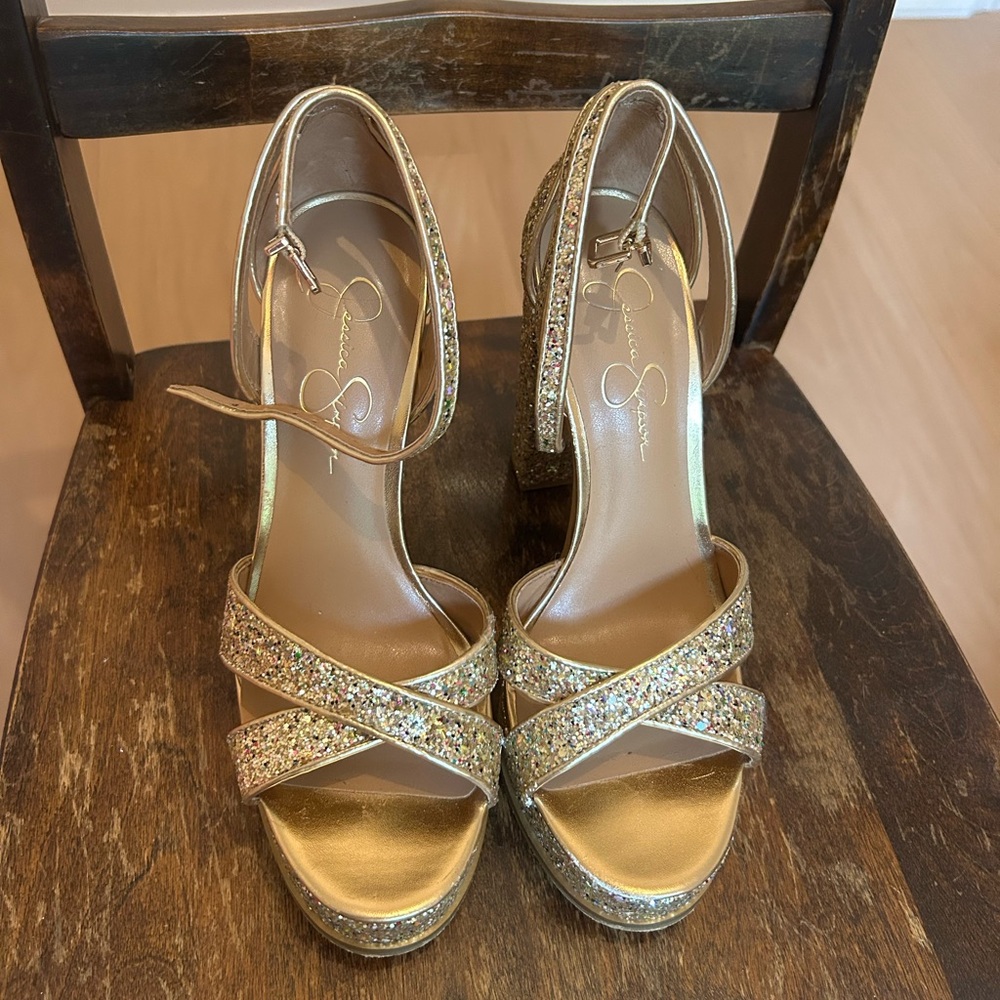Jessica Simpson gold glitter high heels